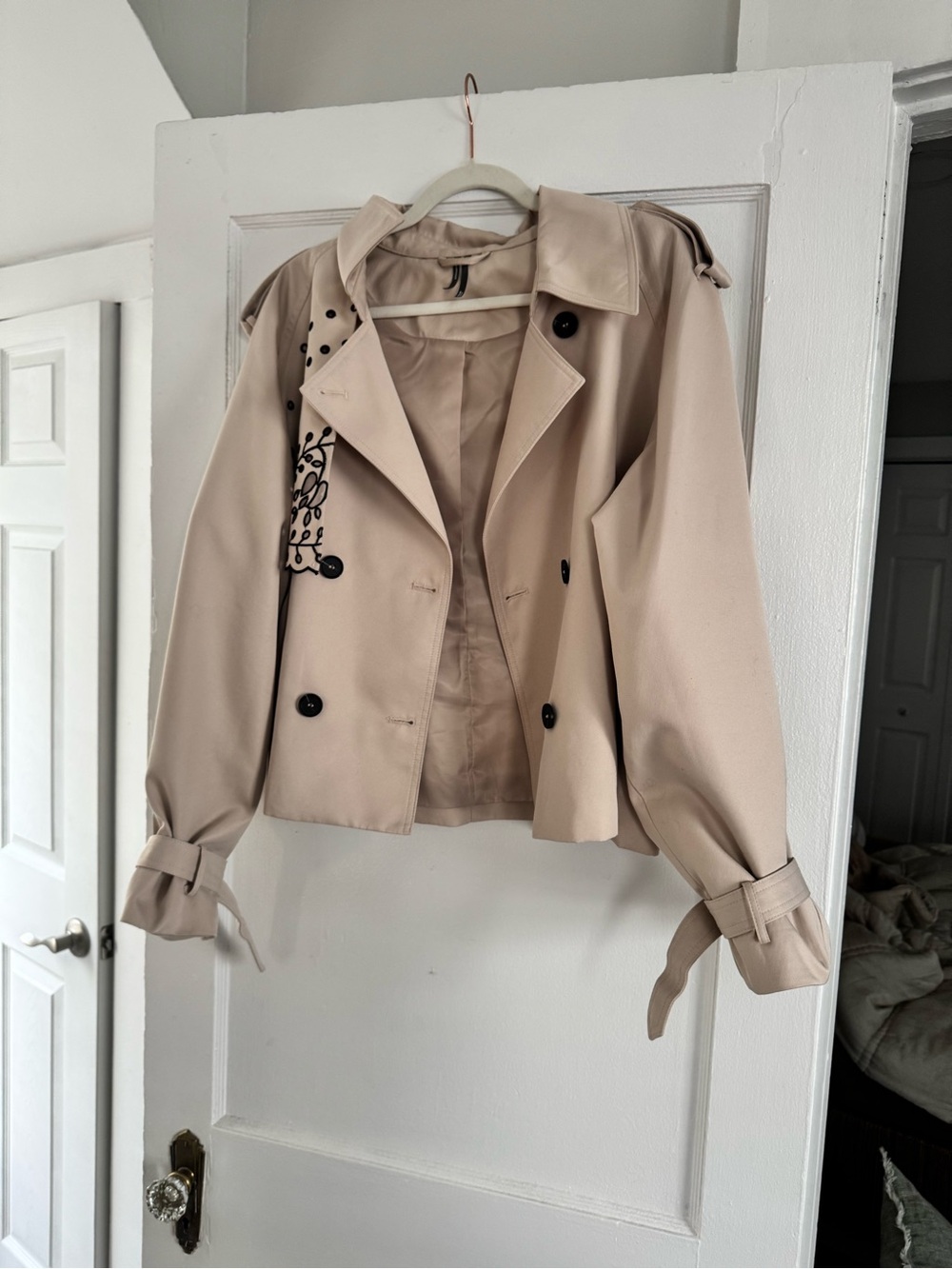 Anthropologie Beige Short Trench Coat with Black Button Accents